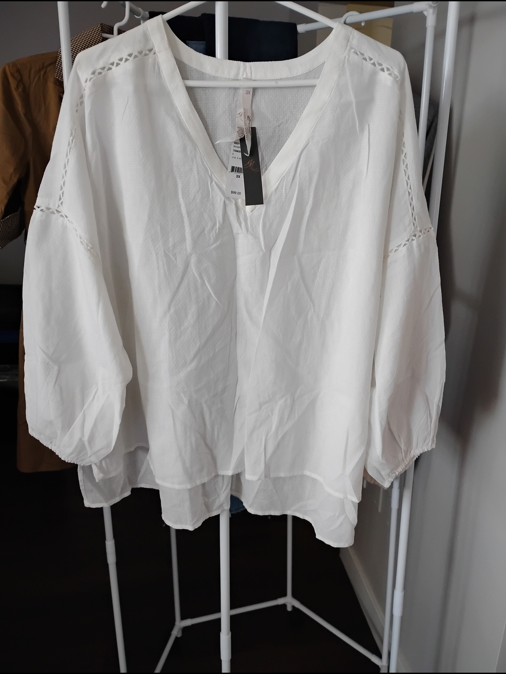Melissa McCarthy White V-Neck Crochet-Trim Balloon Sleeve Peasant Blouse